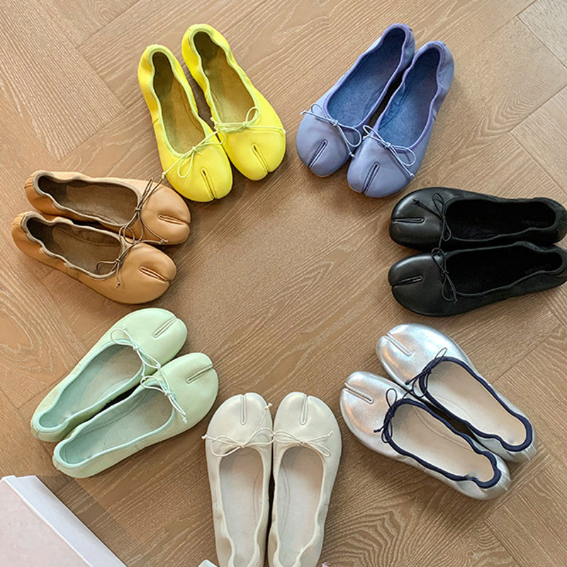 New Summer Style French Cloud Mary Jane Shoes~ Soft Leather Bowknot Shallow Flat Split-Toe Pig's Hoof Shoes
