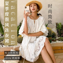 2025欧美跨境新夏季短裙气质通勤纯棉宽松白色蕾丝短袖套头连衣裙