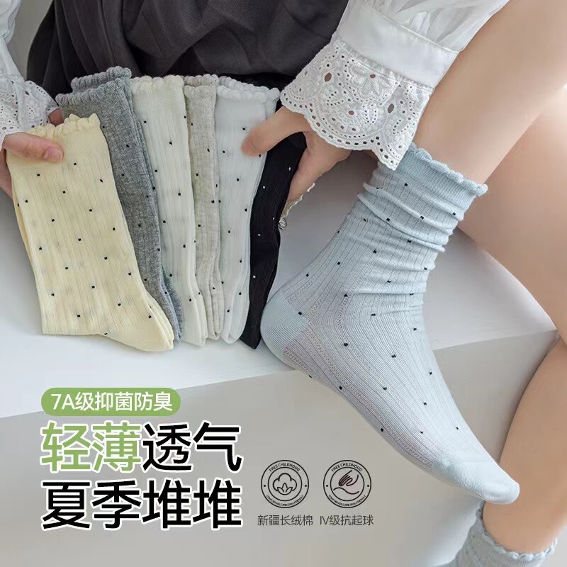 Lace Trim with Small Leather Shoes, Japanese Style Mid-Tube Thin Polka Dot Socks, Summer White Loose Fit, Non-Tightening, Slimming Slouch Socks Lace Trim with Small Leather Shoes, Japanese Style Mid-Tube Thin Polka Dot Socks, Summer White Loose Fit, Non-Tightening, Slimming Slouch Socks