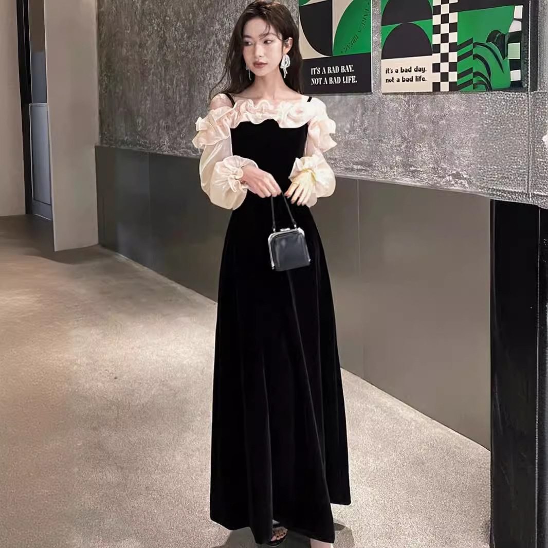 One-Shoulder Evening Dress Banquet Black Elegant High-Level Niche Socialite Ruffled Host Split Dress