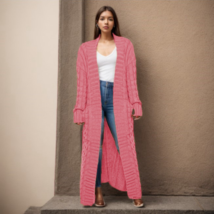 Damen-Strickjacke mit langen Ärmeln, einfarbig, langer Pullover, dicker Mantel_voghion.com