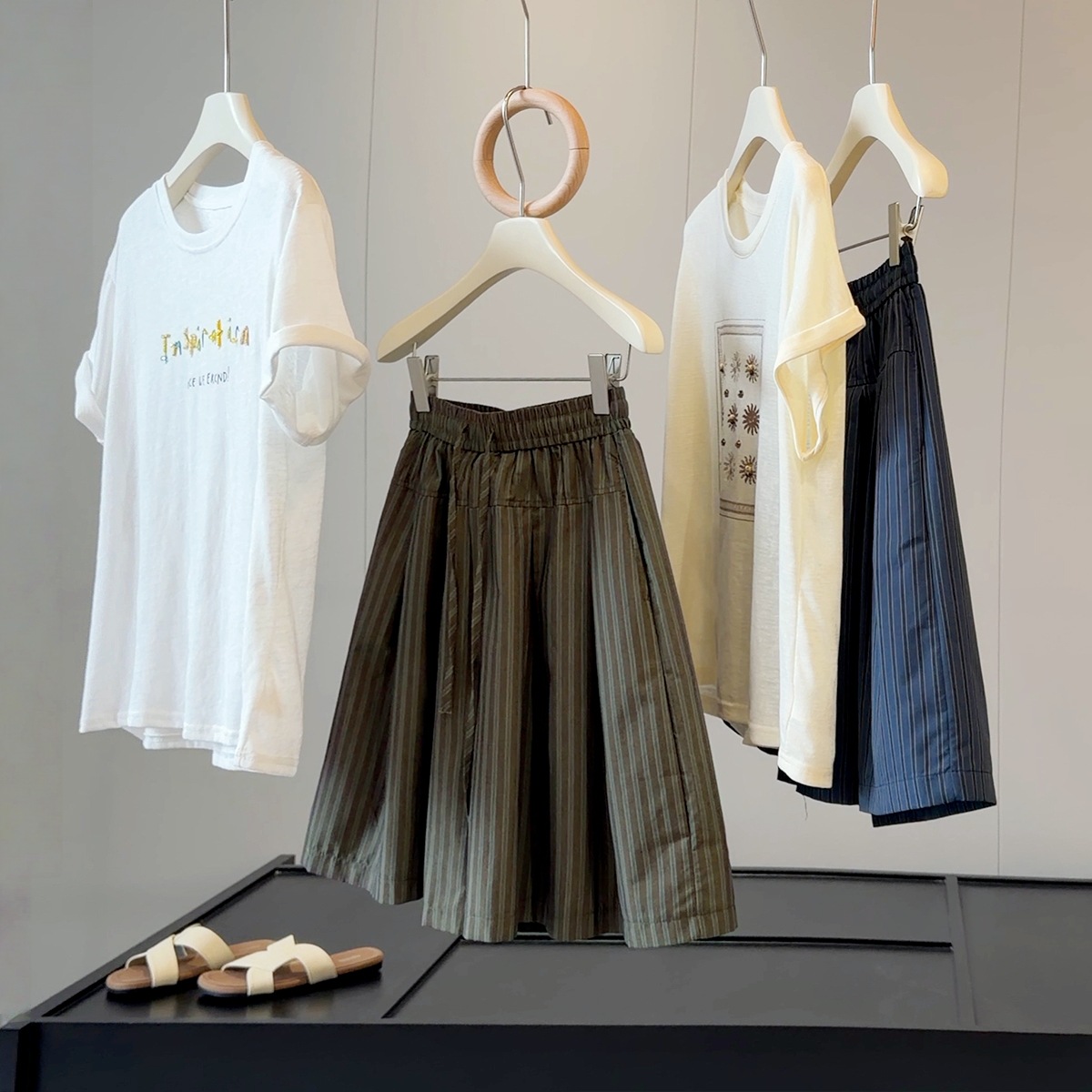 Retro Women's Drawstring Striped Casual Pants Slimming Flattering Loose Fit Wide Leg Shorts Five Point Skirt Style Summer_ecoleips.com