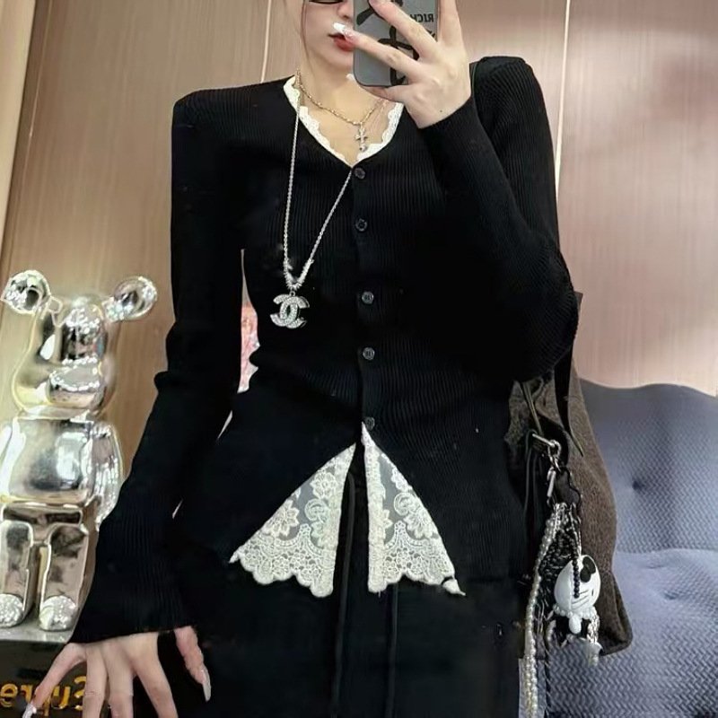 新品感灰色蕾丝拼接针织打底衫女长袖恤春秋冬季新款修身上衣潮|undefined