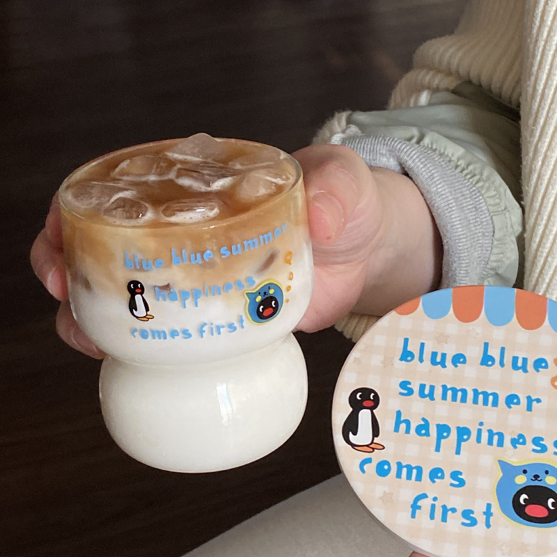 自制夏季可爱企鹅玻璃杯 小众ins简约高高硼硅水杯 耐高温|undefined