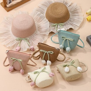 Summer Girl Sunshade Hat Princess Beach Sunscreen Hat Tulip Fisherman Hat Straw Hat Bag Two-piece Bow