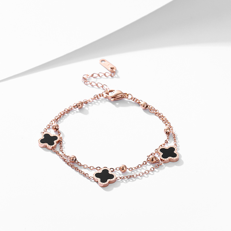 Wenjian personalizado estilo coreano doble capa de cuatro hojas flor tobillera red de las mujeres rojo sexy rosa de las mujeres de titanio de oro nicho de acero diseño pie