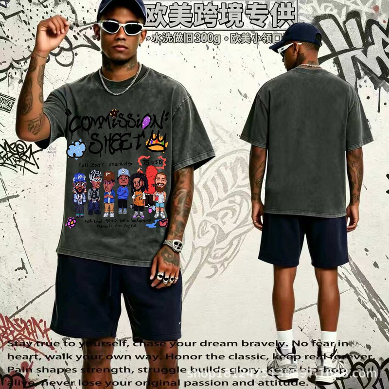 Vintage Washed Rapstar Cartoon American Street Style 300g Pure Cotton Heavyweight Washed Black Short-Sleeve Base Shirt Vintage Washed Rapstar Cartoon American Street Style 300g Pure Cotton Heavyweight Washed Black Short-Sleeve Base Shirt