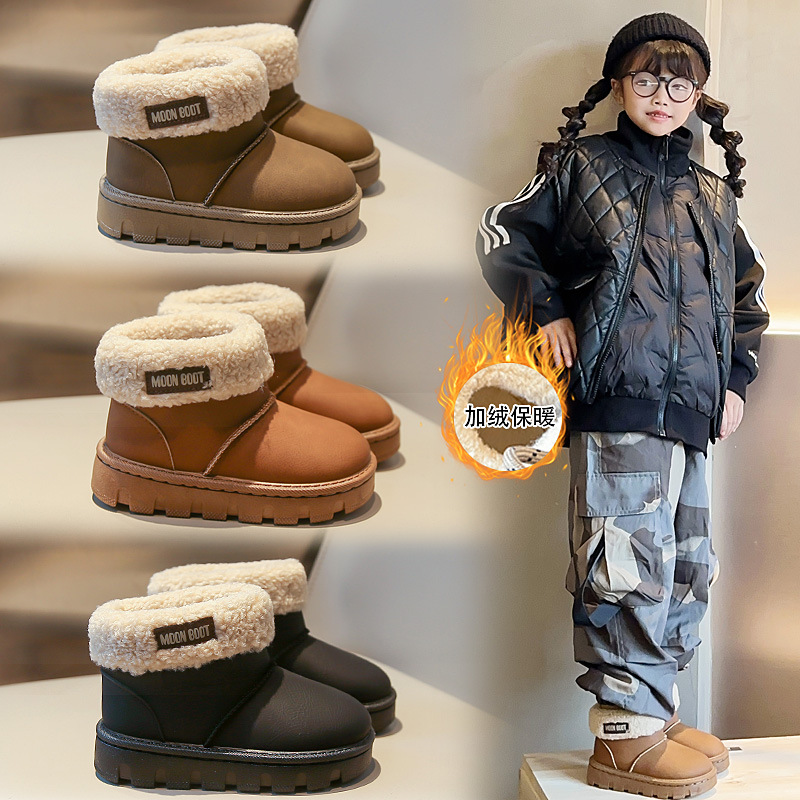 Children's Snow Boots 2025 Winter New Style Fleece-Lined Thickeneded Warm Cotton Shoes for Boys and Girls Simple Casual Kidsren's Short Boots