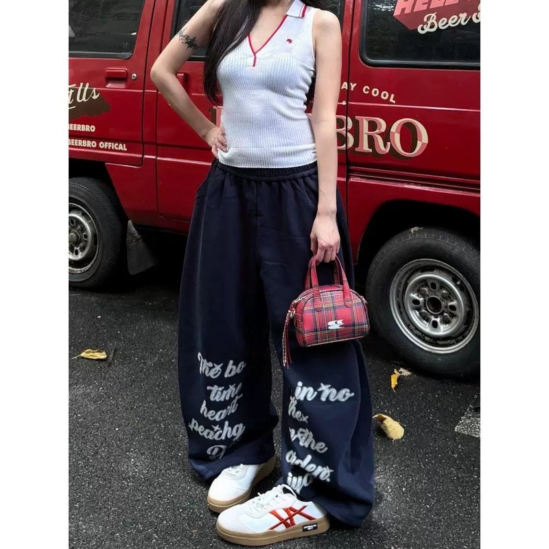 美式街舞嘻哈运动裤街头卫裤女字母印花长裤阔腿休闲显瘦弯刀裤子|undefined
