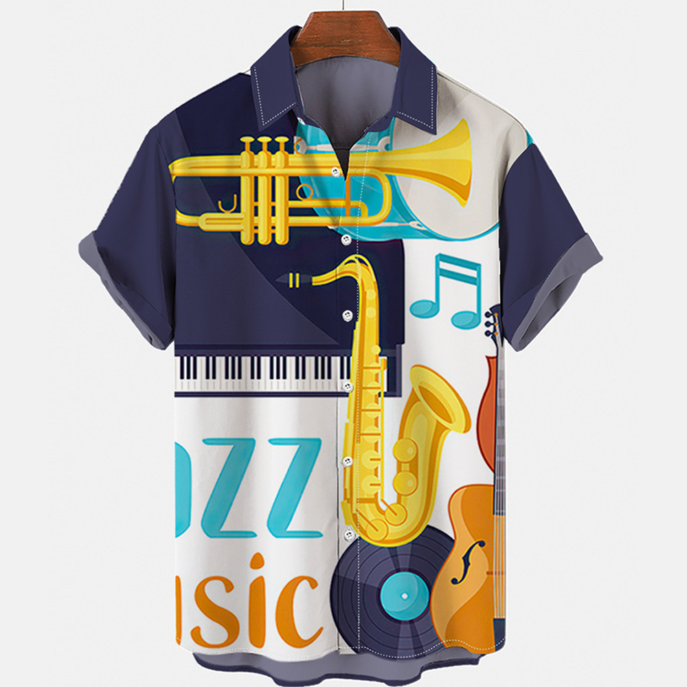 Cross into Meikeduo Shrimp 2023 Summer New Men's Fashion Loose 3D Music Guitar Printed Short Sleeve Shirt