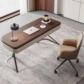 高档实木书桌家用现代极简客厅办公桌胡桃木饰面马鞍皮书房电脑桌