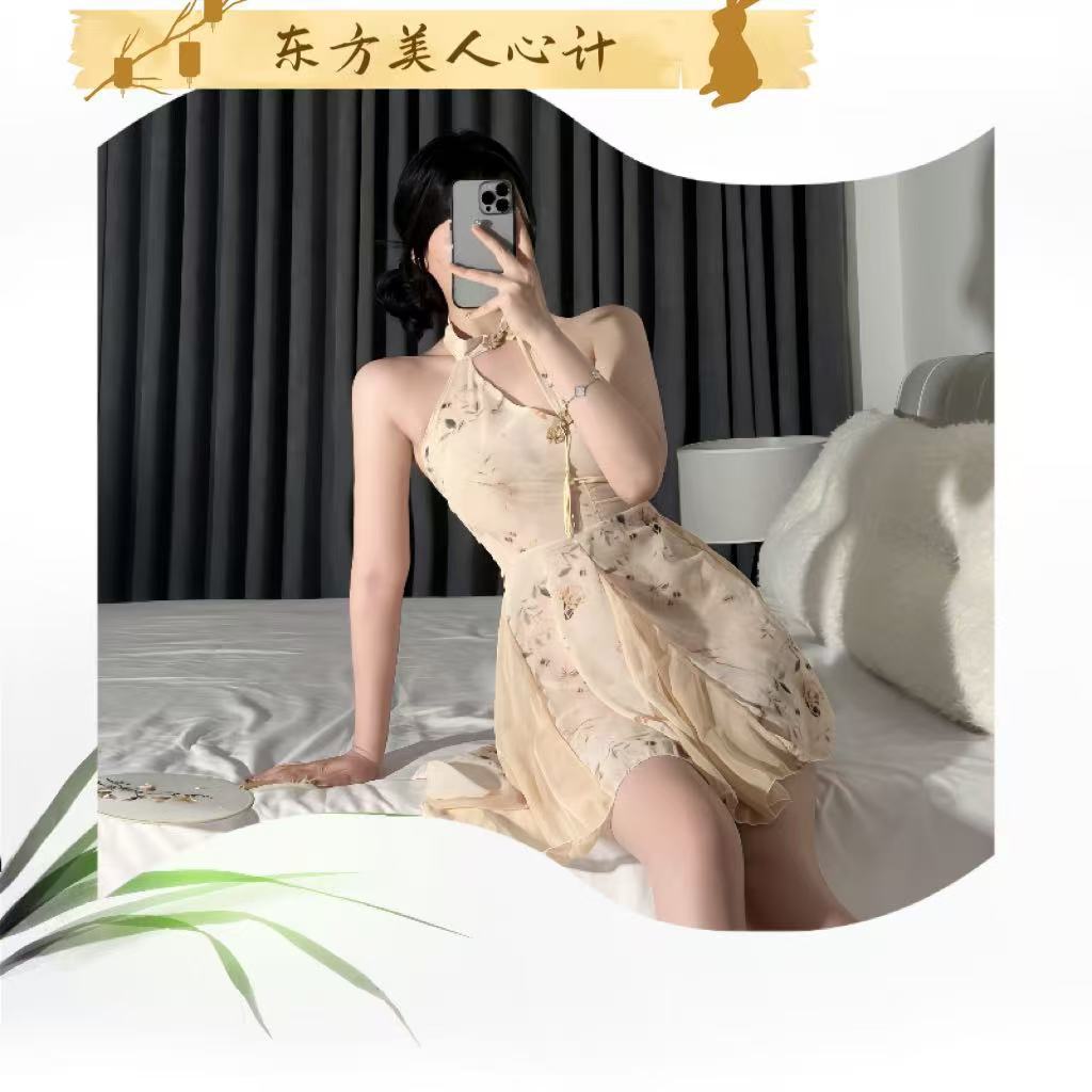 Retro Cheongsam Long Dress Costume Set with White Bodystocking, One Size — detail image 3