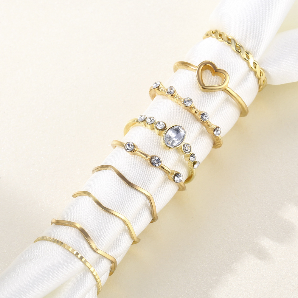 wholesale jewelry heart diamond-studded ring 9-piece set nihaojewelry