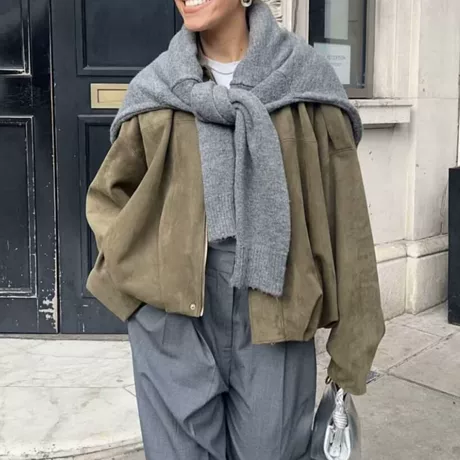 现货欧美女装2026秋冬季麂皮绒面质感翻领拉链纽扣飞行员夹克