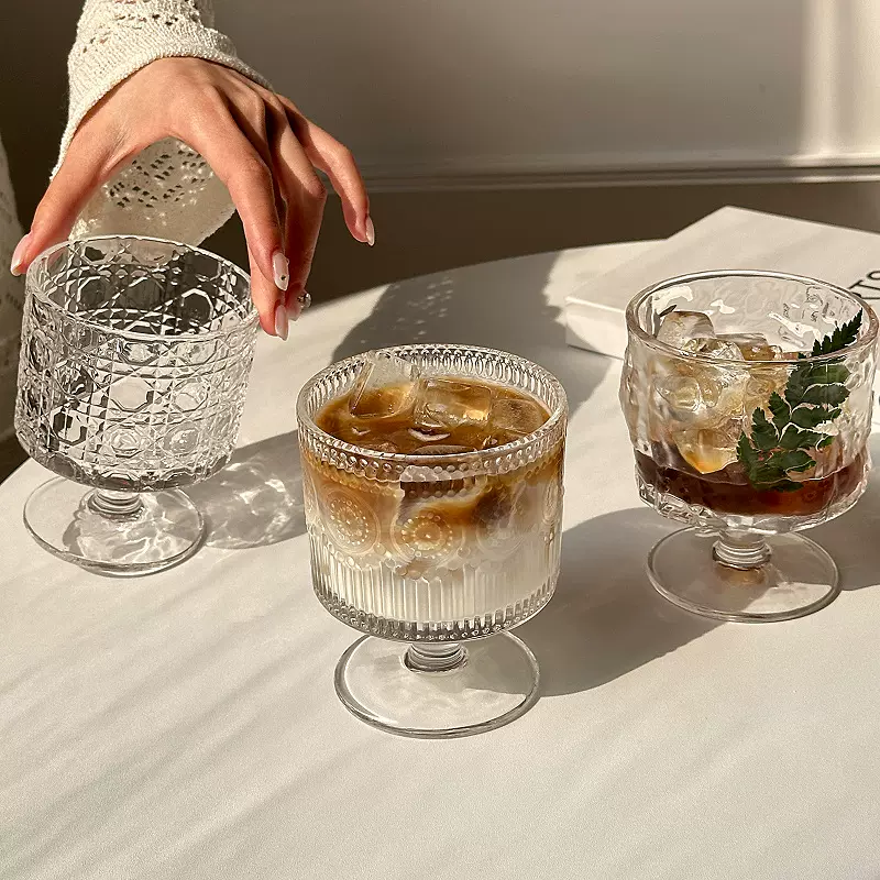 复古ins风太阳花浮雕贝利杯高颜值酒杯设计感饮料果汁杯高脚水杯