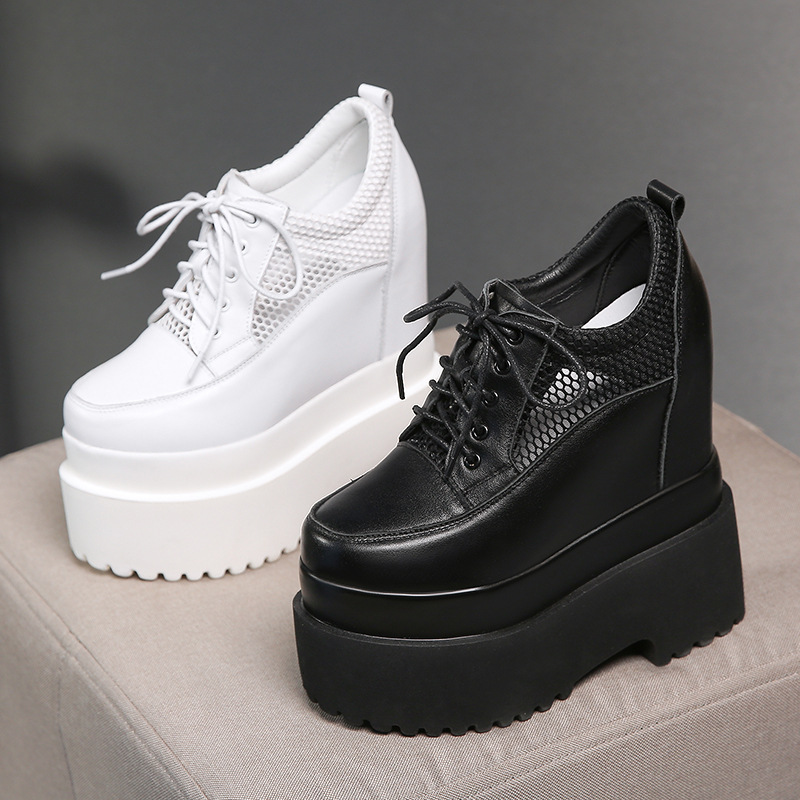 Giày sneaker nữ đế dày tăng chiều cao 16 cm, dây buộc, lưới thoáng khí — màu đen