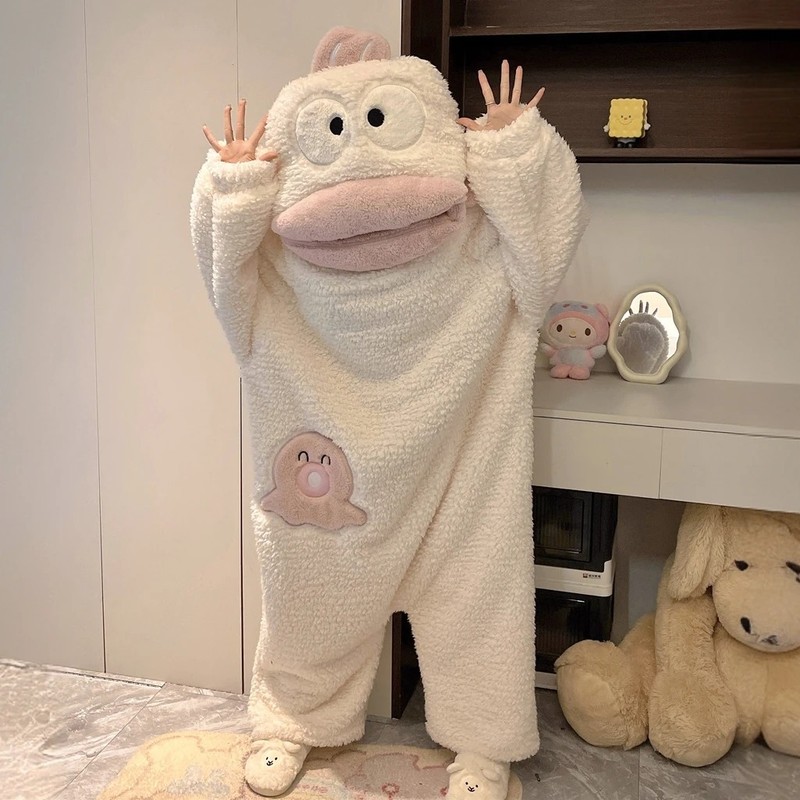 白色丑鱼汉顿连体睡衣女冬季珊瑚绒情侣款搞怪沙雕宽松大码家居服|undefined