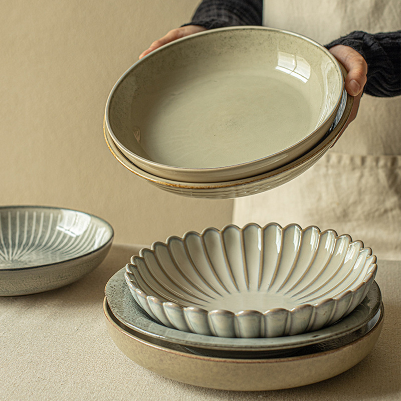 Japanese Style Vintage All-match Household Deep Plate suit High Beauty Value Ceramic Thickened Dinner Plate Salah Plate Breakfast Plate Tableware Plate