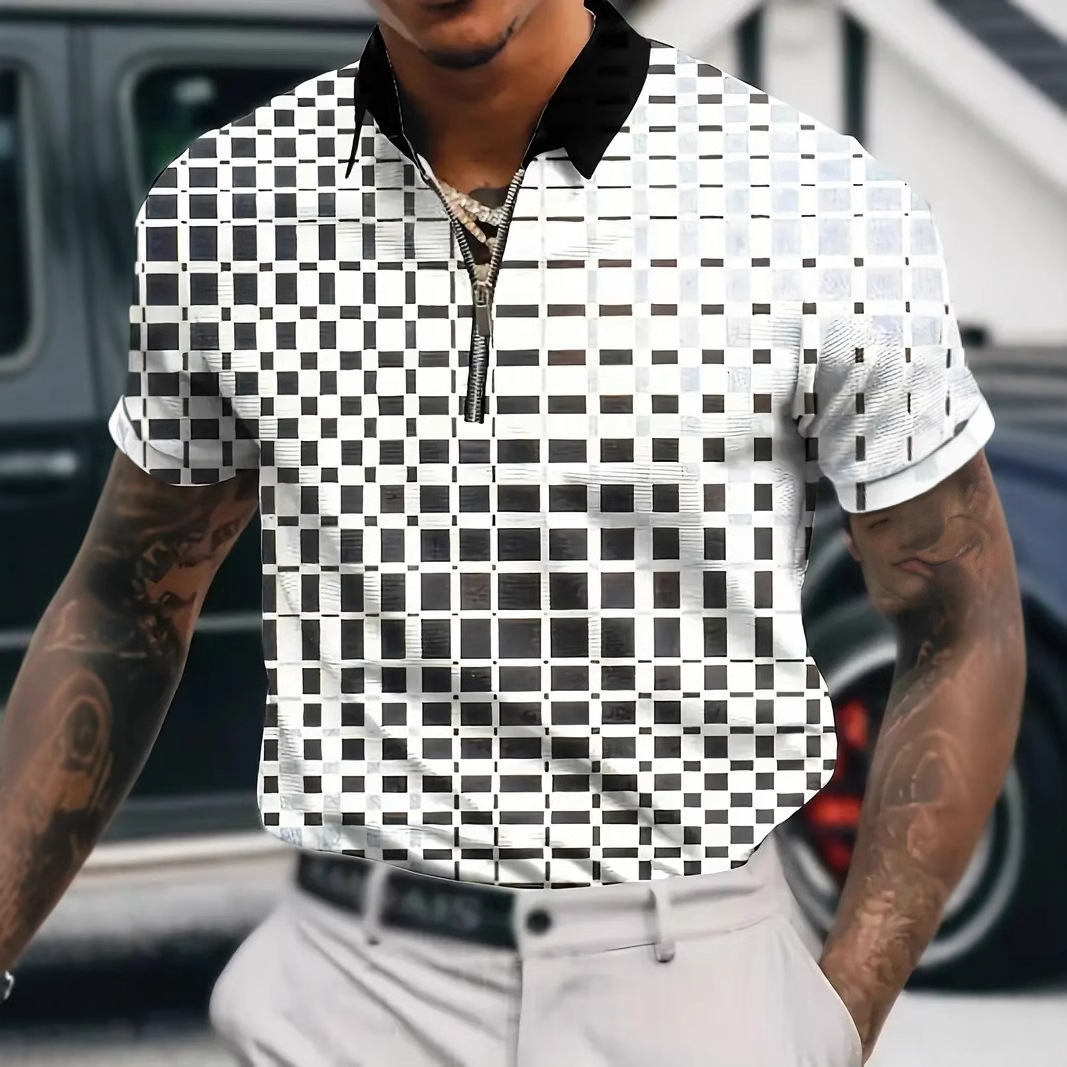 Camisa de polo suelta transpirable de malla de hombre de verano con cremallera de manga corta con camisa POLO simple con estampado 3D cuadrado geométrico