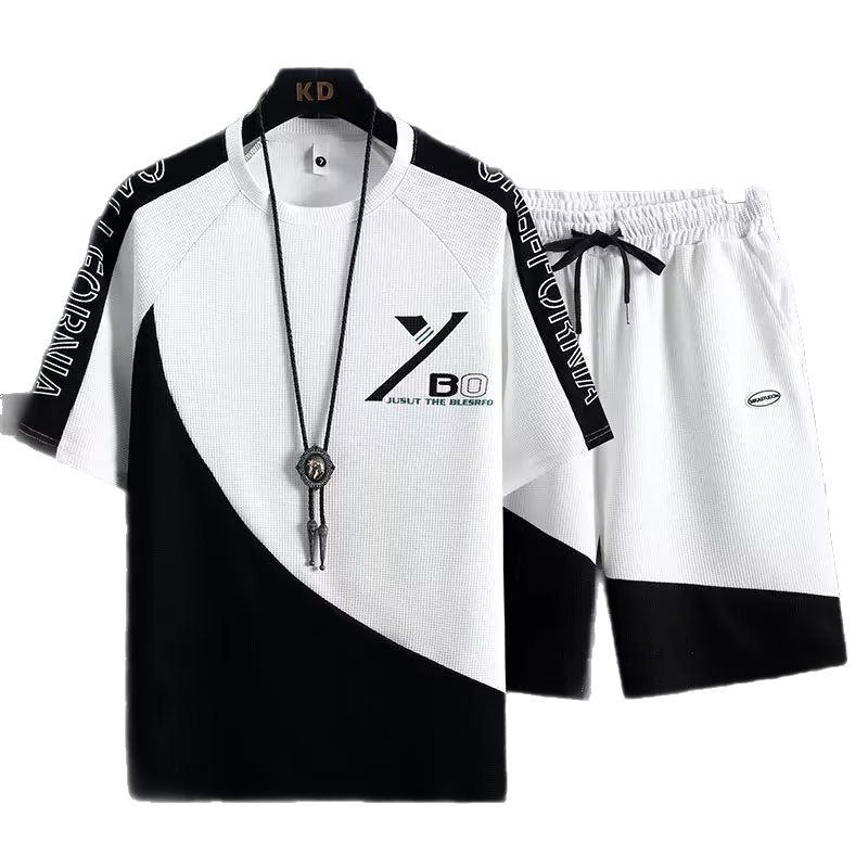 Verano juvenil 2026 nuevo traje casual waffle hombre grande traje deportivo de mangas cortas traje de pantalones cortos