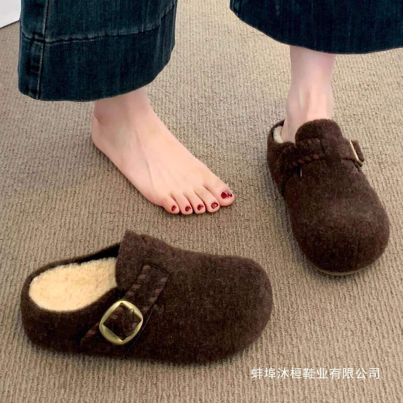 Yuechen Retro Thick-Soled Birkenstock Shoes for Women, Closed-Toe Furry Cotton Slippers for Outdoor Wear, 2026 Spring New Snow Boots