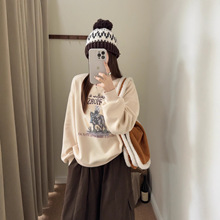 韩国代购KR牛仔女孩复古印花加绒卫衣2025冬季新款慵懒百搭上衣女