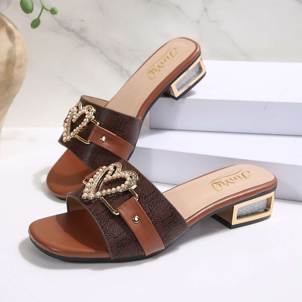 Sandalias de Tacón Ancho con Punta Cuadrada de Cuero Artificial con Hebilla Decorativa para Verano image 6