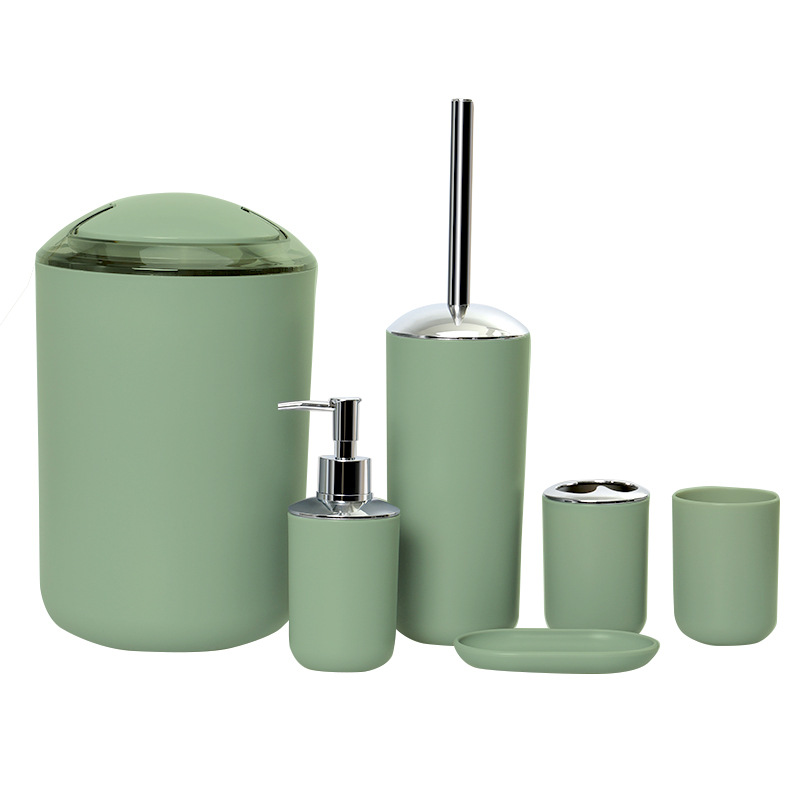 Artículos de baño de plástico de color sólido Juego de seis piezas de enjuague bucal, estante para cepillado, caja de jabón, almacenamiento de baño, juego de baño se puede personalizar