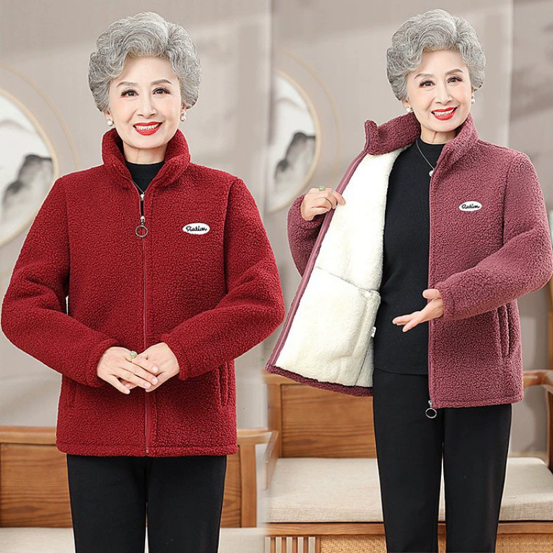 Мама с гранулированной бархатной шерстью и толстой хлопчатобумажной одеждой Старушка среднего возраста рубашка на молнии теплая кашемировая куртка для женщин