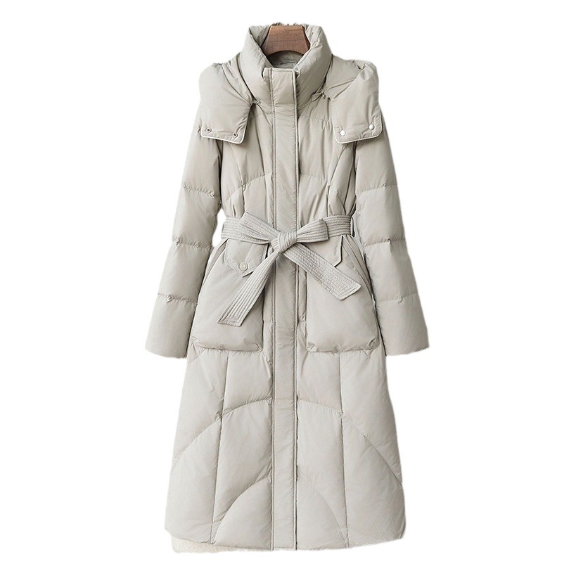 Gran venta, chaqueta de plumón para mujer, nueva chaqueta de otoño e invierno 2025, chaqueta holgada de plumón de pato blanco Pinghu con cuello levantado largo