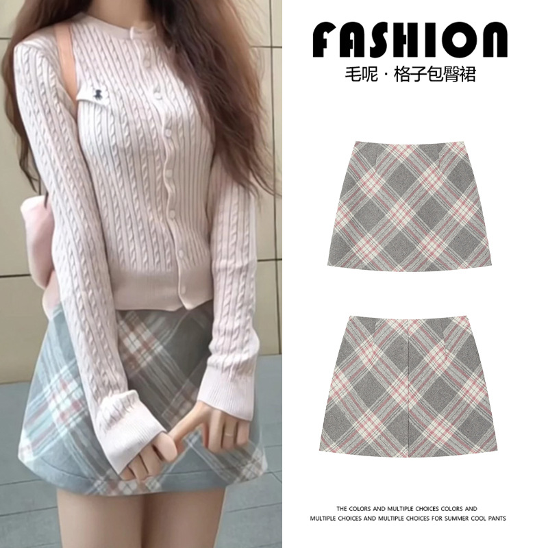 Retro Elegant Pink Plaid Skirt for Women 2025 Autum New High-Waisted A-Line Hip-Covering Woolen Short Skirt