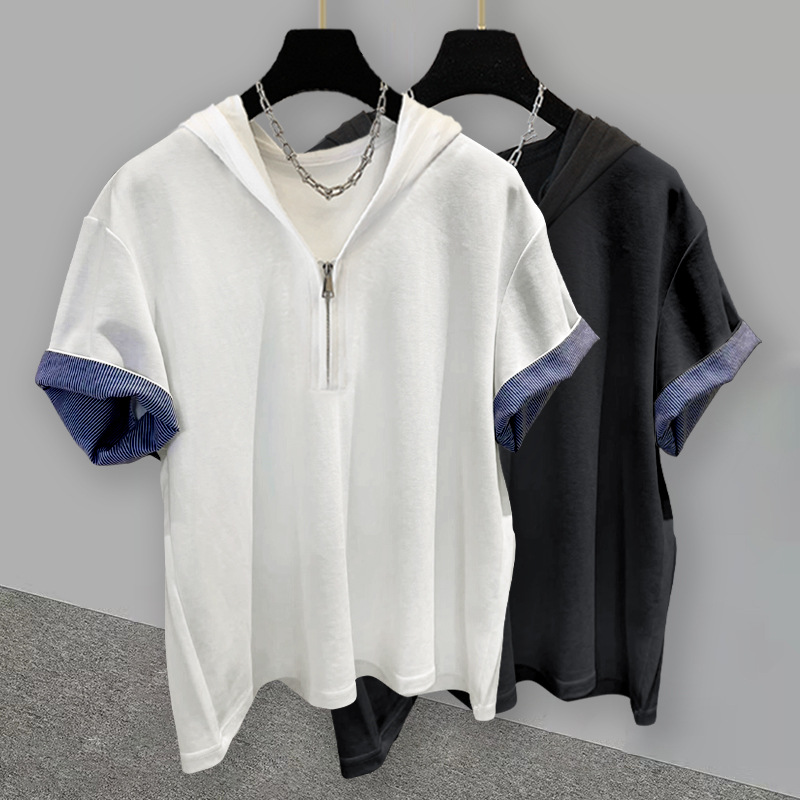 Trend solid short sleeve T-shirt with zipper with hood