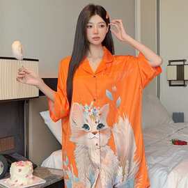 跨境外贸2026新款猫咪衬衫睡裙女冰雪丝气质高级感清凉薄款家居