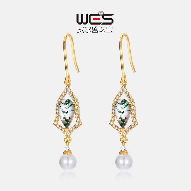 Nuevas gotas de agua retro transfronterizas Pendientes de piedra de musgo verde natural S925 Ganchos de oreja de ágata con incrustaciones de plata Lujo ligero europeo y americano