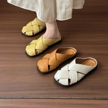 真皮方头拖鞋女2025夏季新款镂空复古编织时尚百搭两穿厚底罗马鞋