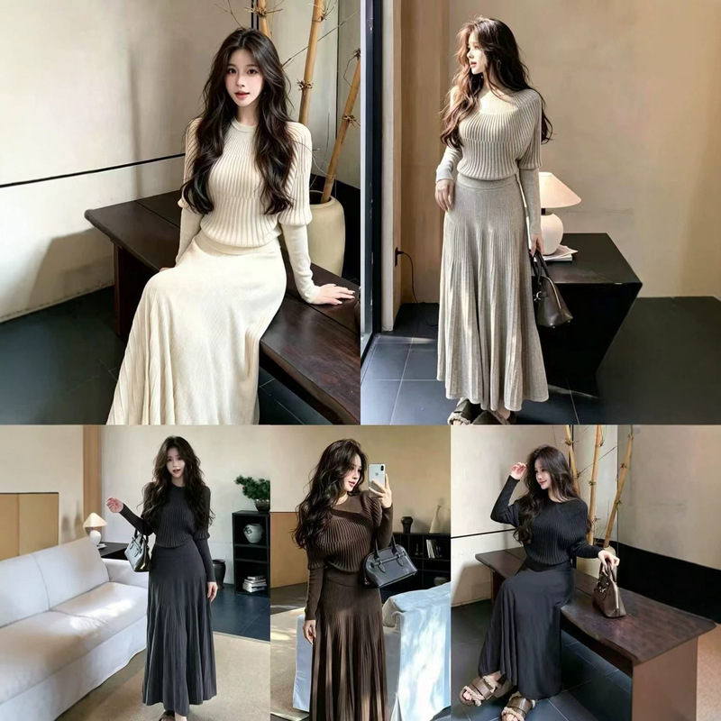 Hengbintai cashmere slimming gentle round-neck batwing-sleeve knitted long-sleeve high-waisted drapey versatile pleated midi skirt for women Hengbintai cashmere slimming gentle round-neck batwing-sleeve knitted long-sleeve high-waisted drapey versatile pleated midi skirt for women