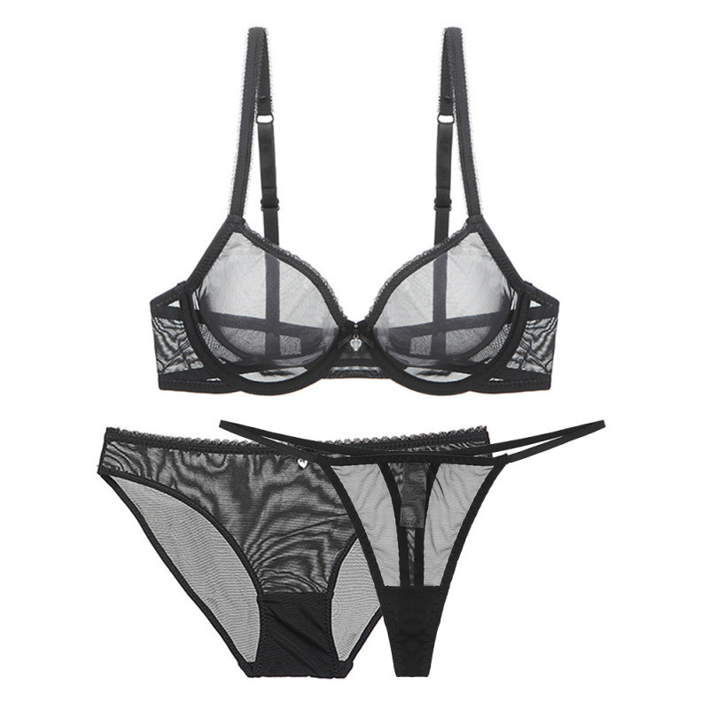 Varsbaby Sexy Transparent Mesh Breathable Bra Set 3 Pieces Bra Panties + Thongs