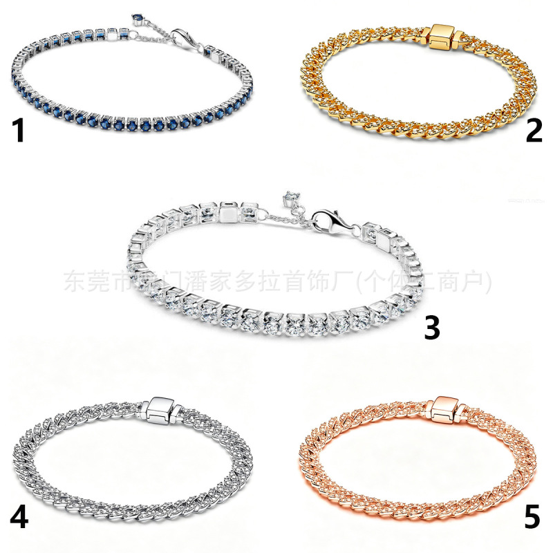Pandora White Copper Jewelry Silver-Plated Bracelet with Inlaid Diamonds, Fashionable Commuting Shiny Elegant Couple's Accessory, Bestseller