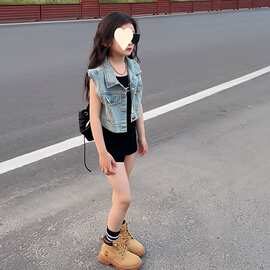 女童夏装洋气牛仔马甲外套2024夏季新款无袖上衣炸街童装时髦套装
