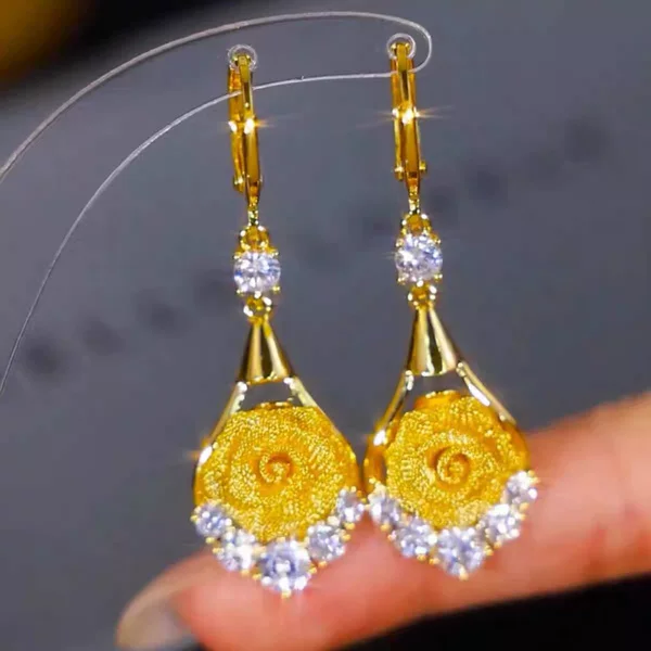 Diamond-Encrusted Mesh Rose Flower Earrings with Tassels, Light Luxury Niche Design, Versatile and Stylish Earrings