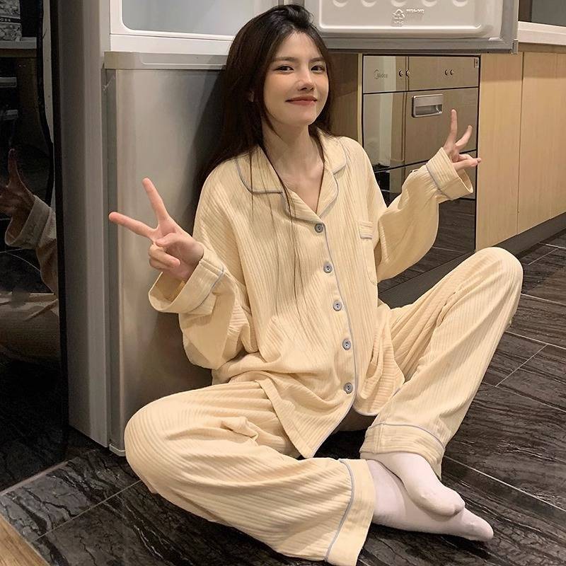女性用パジャマ、秋と冬の長袖カーディガン、ゆったりとした大きいサイズの気質、春と秋の薄いホームウェアセット|undefined