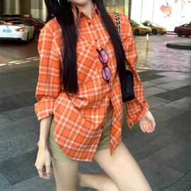 美式复古橙色格纹长袖衬衫外套女春夏秋宽松防晒百搭休闲高街上衣