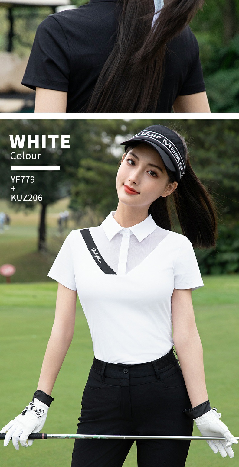 Áo polo golf nữ ngắn tay cổ lưới thoáng khí vải co giãn cao — YF779-White POLO [đường viền cổ lưới thoáng khí/vải co giãn cao/vòng eo thon gọn], YF779-Black POLO [đường viền cổ lưới thoáng khí/vải co giãn cao/giảm eo] chi tiết 9