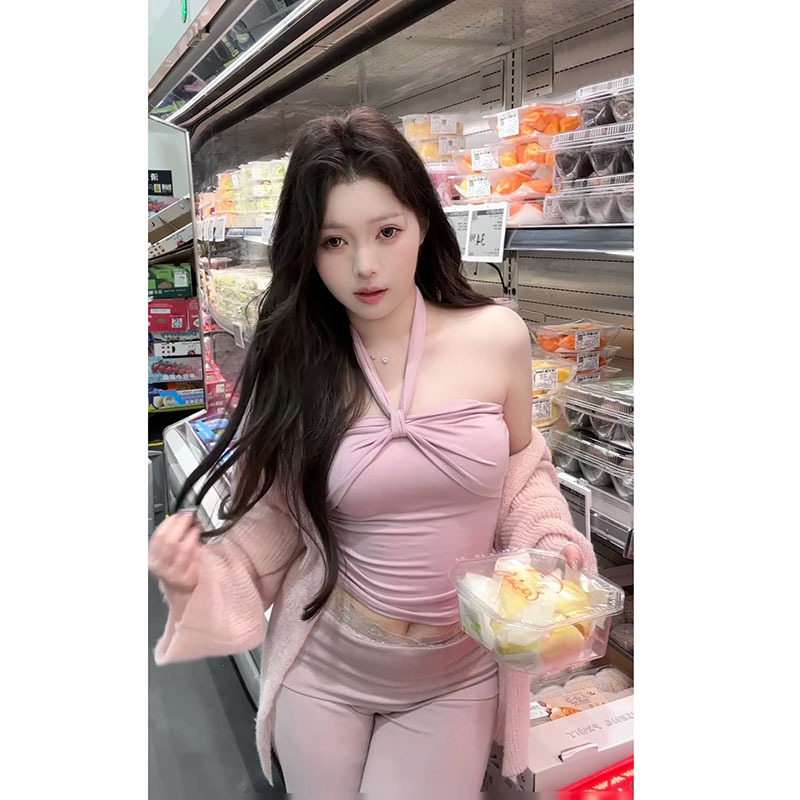 【粉红黛玉】纯欲辣妹短款小心机设计感显瘦抹胸挂脖背心上衣女|undefined