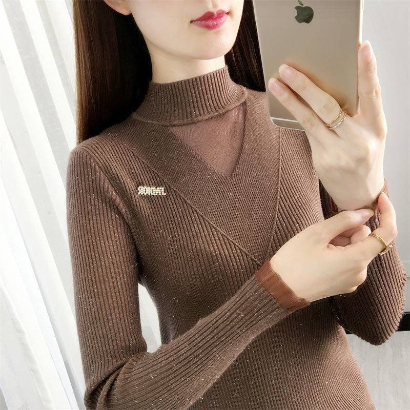 Top para mujeres 2023 nuevo Otoño e Invierno SLIM-Fit medio cuello alto encaje estilo occidental suéter de manga larga de punto camisa de moda image 5