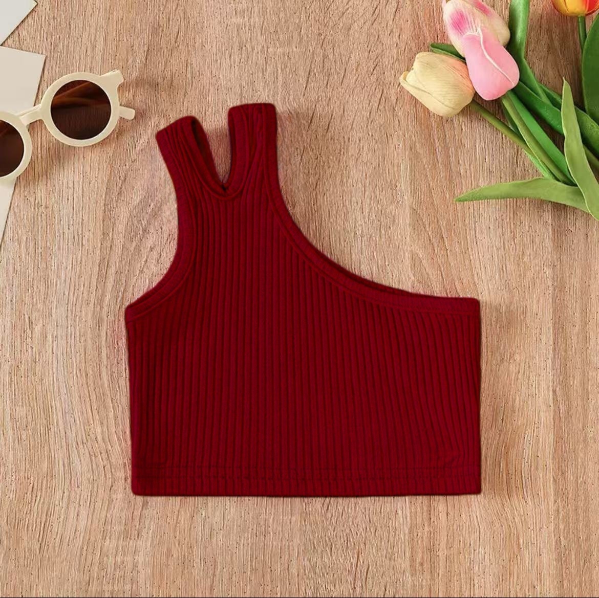 Cross-border children's tank top suspender summer trendy casual solid color cotton sports girls' tank top suspender two-piece set