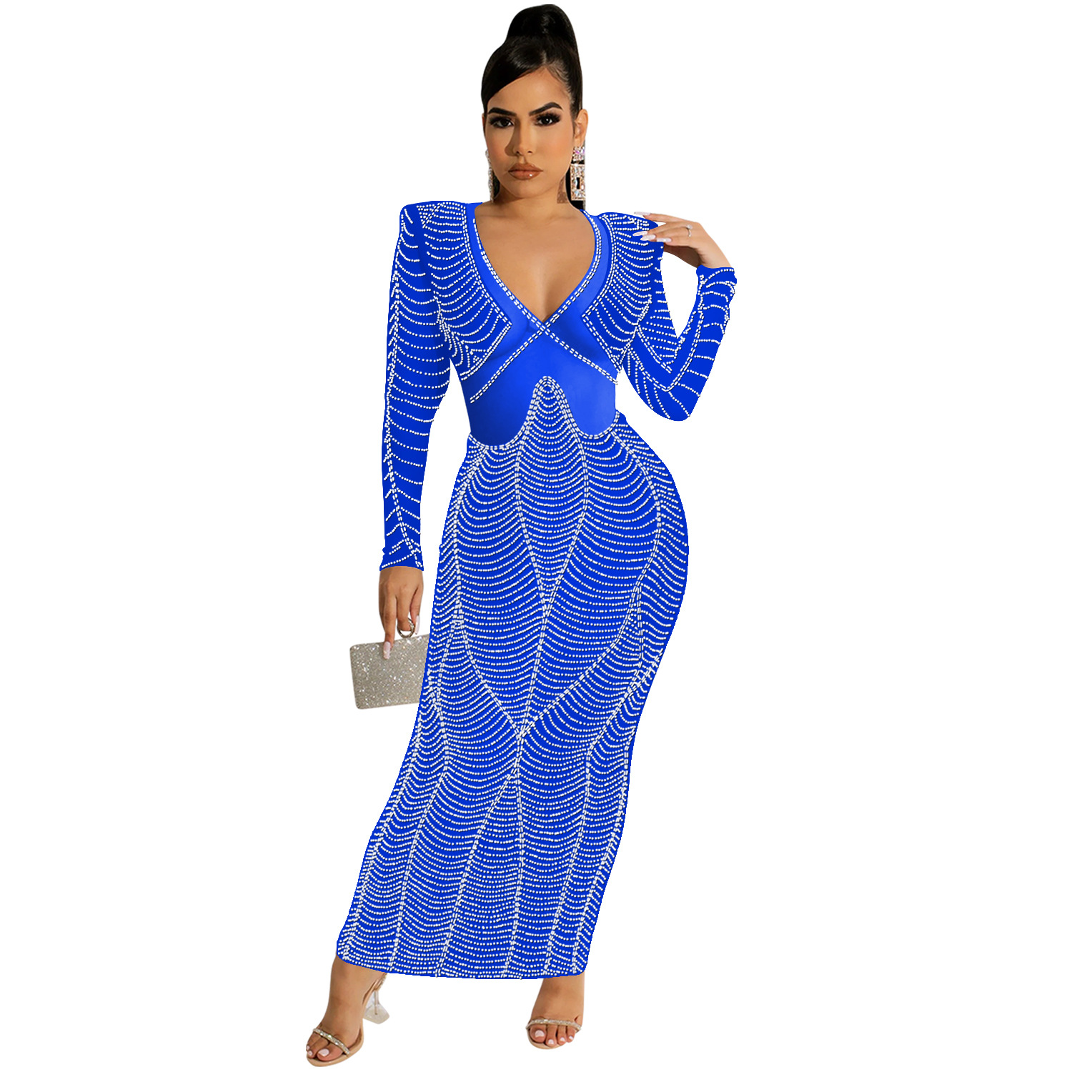 C5912 AliExpress Amazon Europa y América sexy discoteca rhinestone malla perspectiva V-cuello Vestido de manga larga vestido mujeres