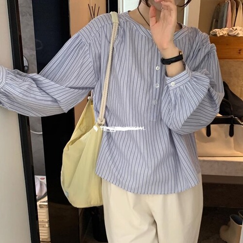 Women's Spring and Autumn Blue Striped Shirt Top 2025 French Design Slim Minority Shirt
