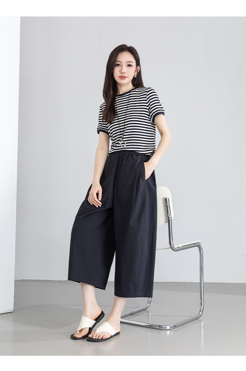 Áo thun nữ cổ tròn sọc kẻ tay ngắn phong cách cổ điển — Sọc cà phê chi tiết 18