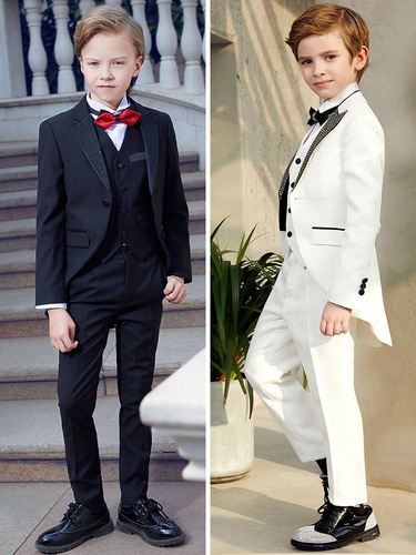 Children's boys singer host red black tuxedo dress suit sets  flower boys wedding party dress tuxedo coats and vest and pants piano Drummer stage performance costume
